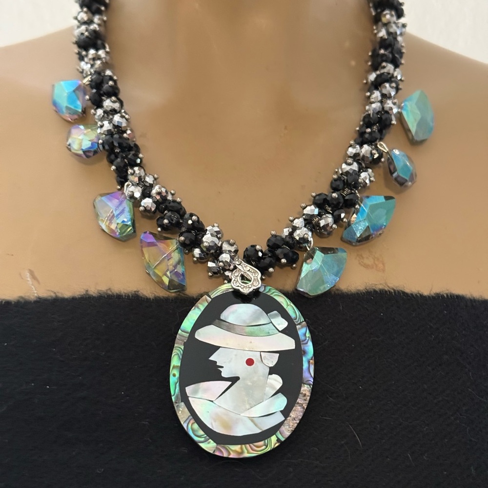 Vtg Statement Necklace Black Silver Abalone Glass Bead Dangle